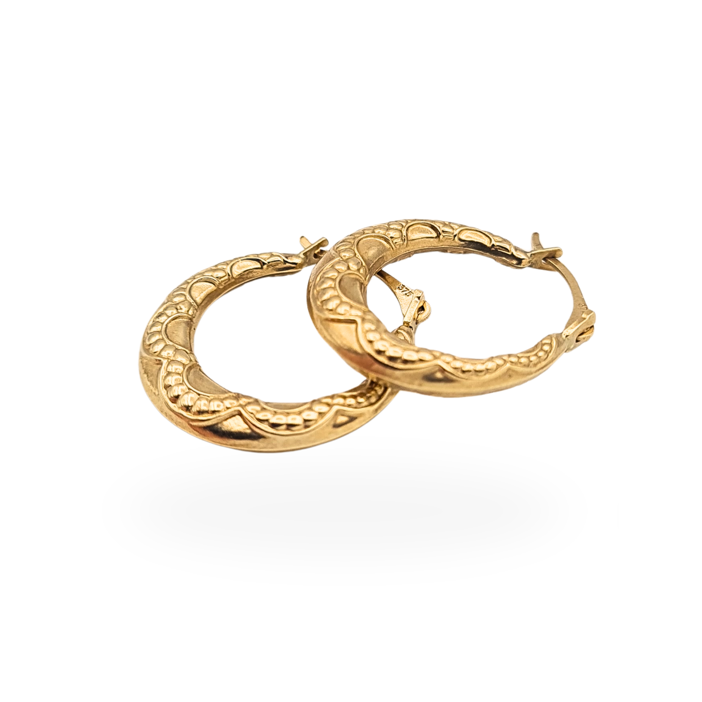 9ct Gold Small Textured Patterned Creole Hoop Earrings, Hinged closure