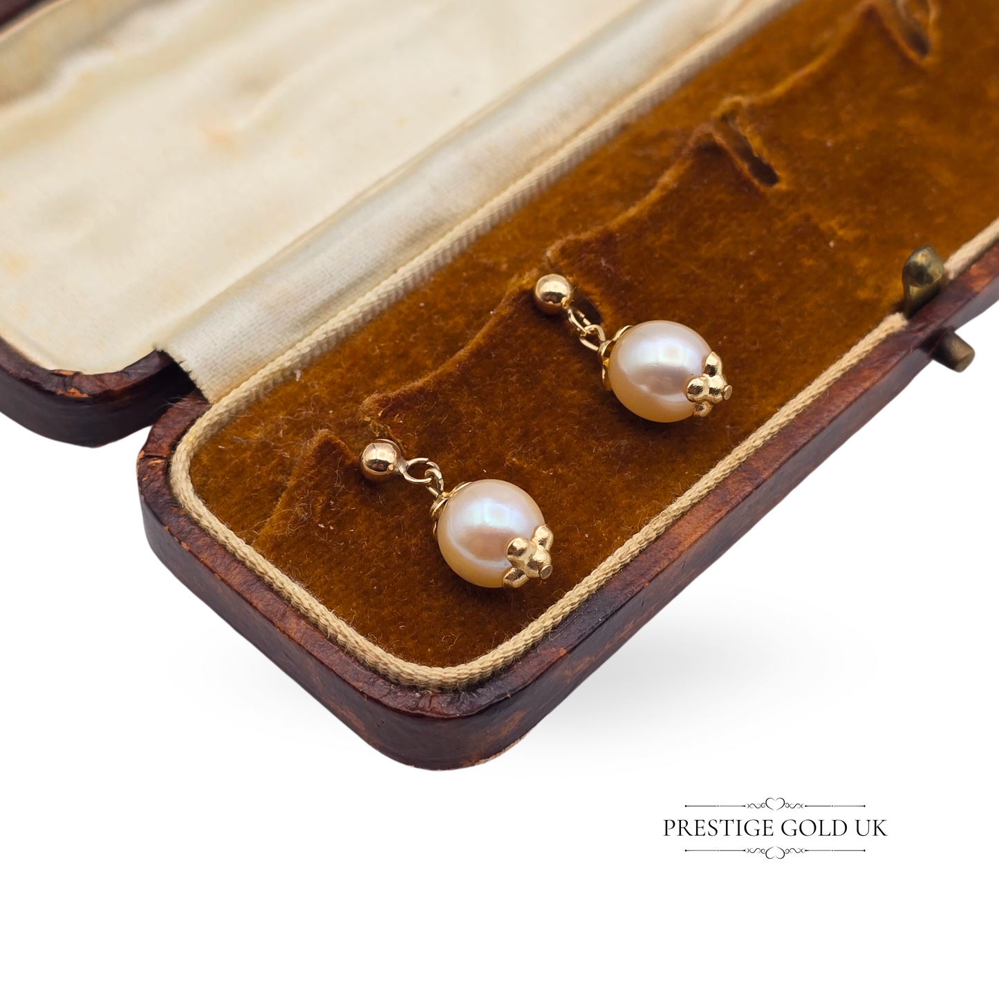 9ct Gold Drop Pearl Earrings, Dangle Studs Featuring Cream Round Pearls