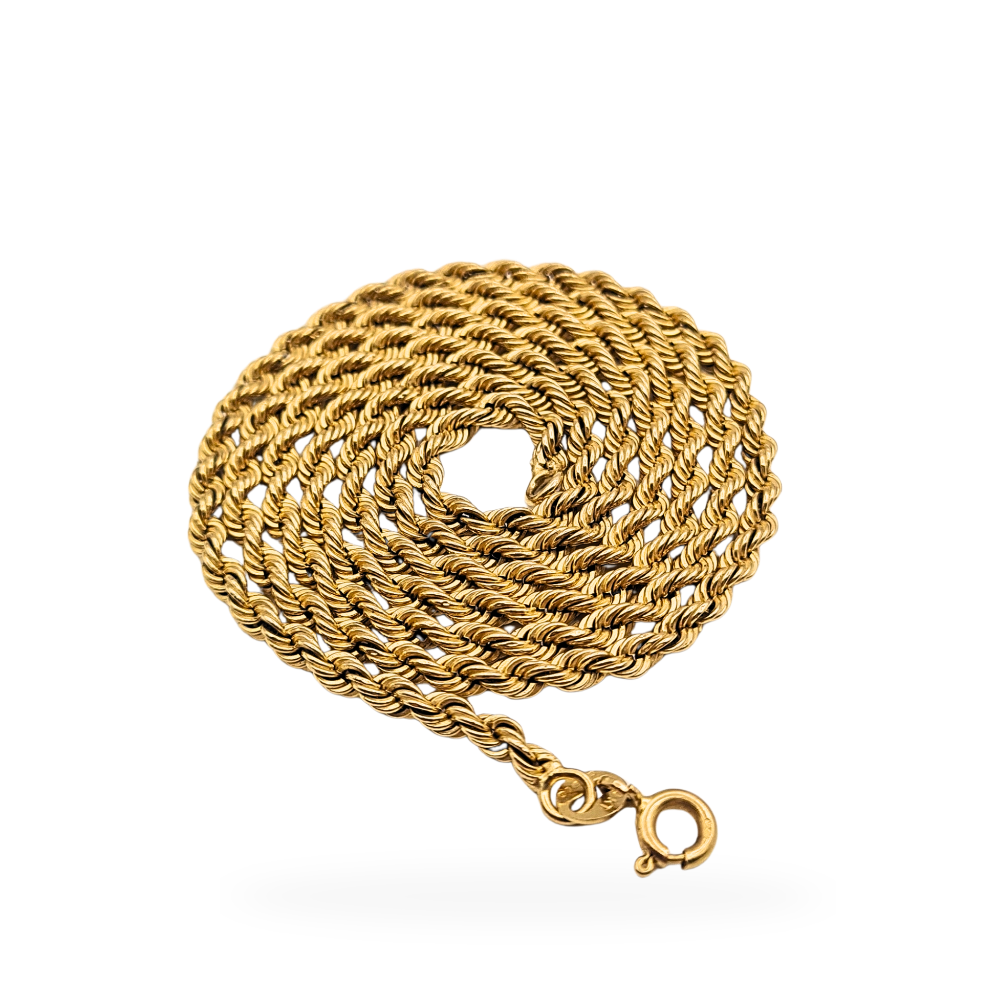 9ct gold twist rope necklace measuring 22 1/2 inches (56cm) long and 2.7mm wide, fully British hallmarked with a spring ring clasp, weighing 4.1g, classic vintage rope chain design suitable for layering or wearing alone.
