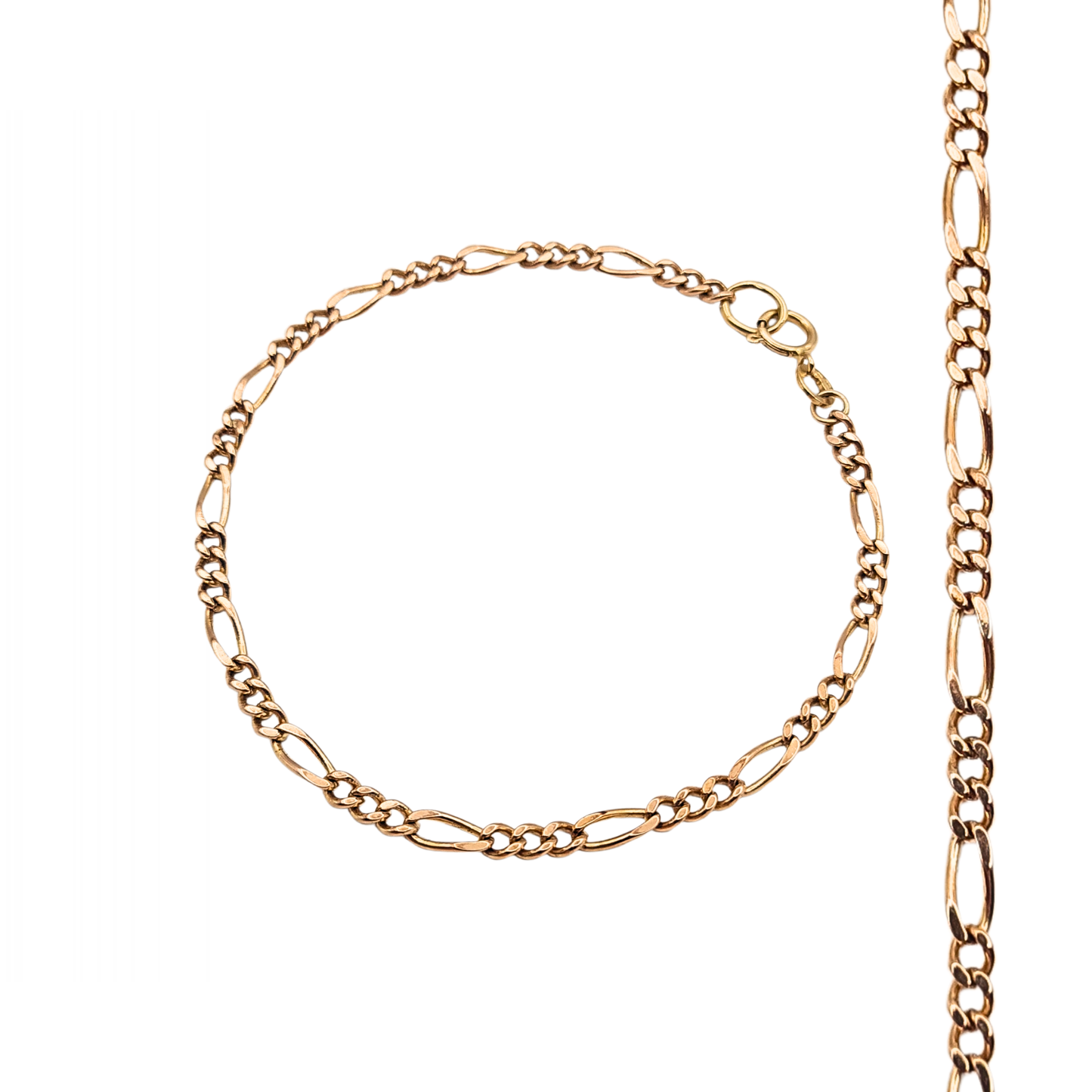 9ct rose gold Figaro link bracelet measuring 6.5 inches or 17cm long with classic 3+1 chain pattern and spring ring clasp. Fully British hallmarked gold bracelet with warm rose tone shown alongside ruler for scale and close-up images of clasp and chain links.