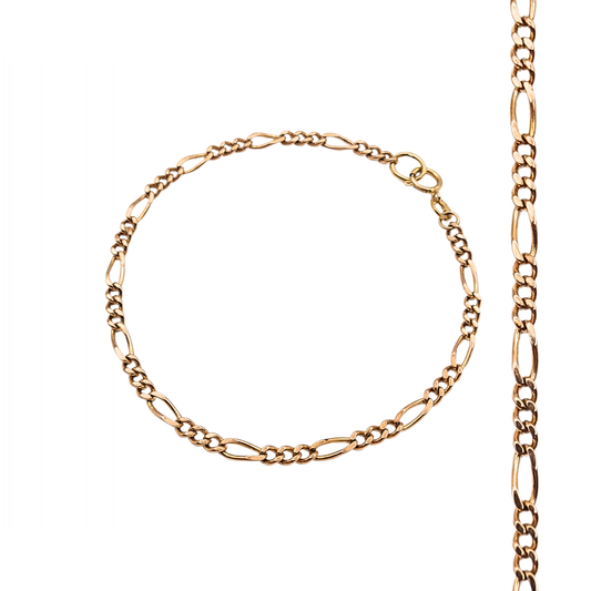 9ct rose gold Figaro link bracelet measuring 6.5 inches or 17cm long with classic 3+1 chain pattern and spring ring clasp. Fully British hallmarked gold bracelet with warm rose tone shown alongside ruler for scale and close-up images of clasp and chain links.