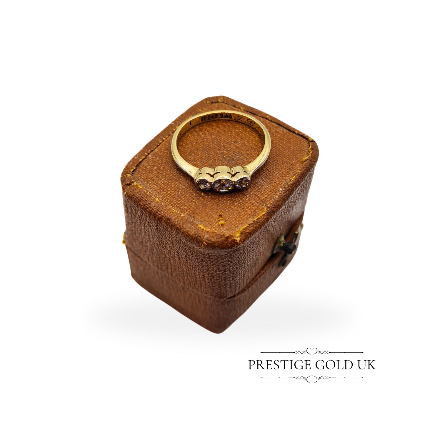 Vintage 18ct Gold & Platinum Triple Diamond Ring, UK I 1/2 US 4 1/4 Euro 48, Stamped 18ct, Engraved Band