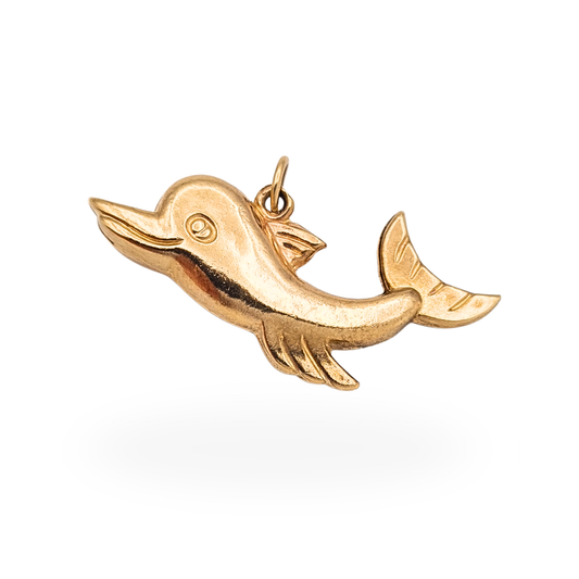 Vintage 9ct gold puffy dolphin charm pendant with full British hallmarks measuring 30mm long.