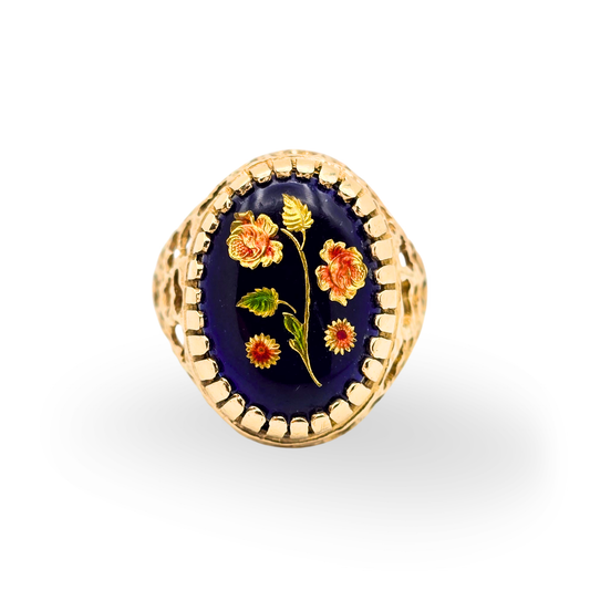 9ct Gold Cobalt Blue Floral Motif Enamel Ring, Size  UK N 1/2 US 6 3/4