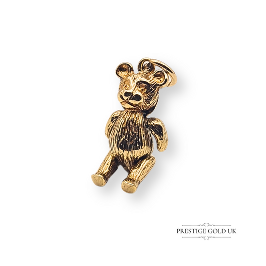9ct gold moving teddy bear charm pendant, detailed textured design, 21mm tall, 10mm wide, 3.62g vintage gold charm with articulated limbs.
