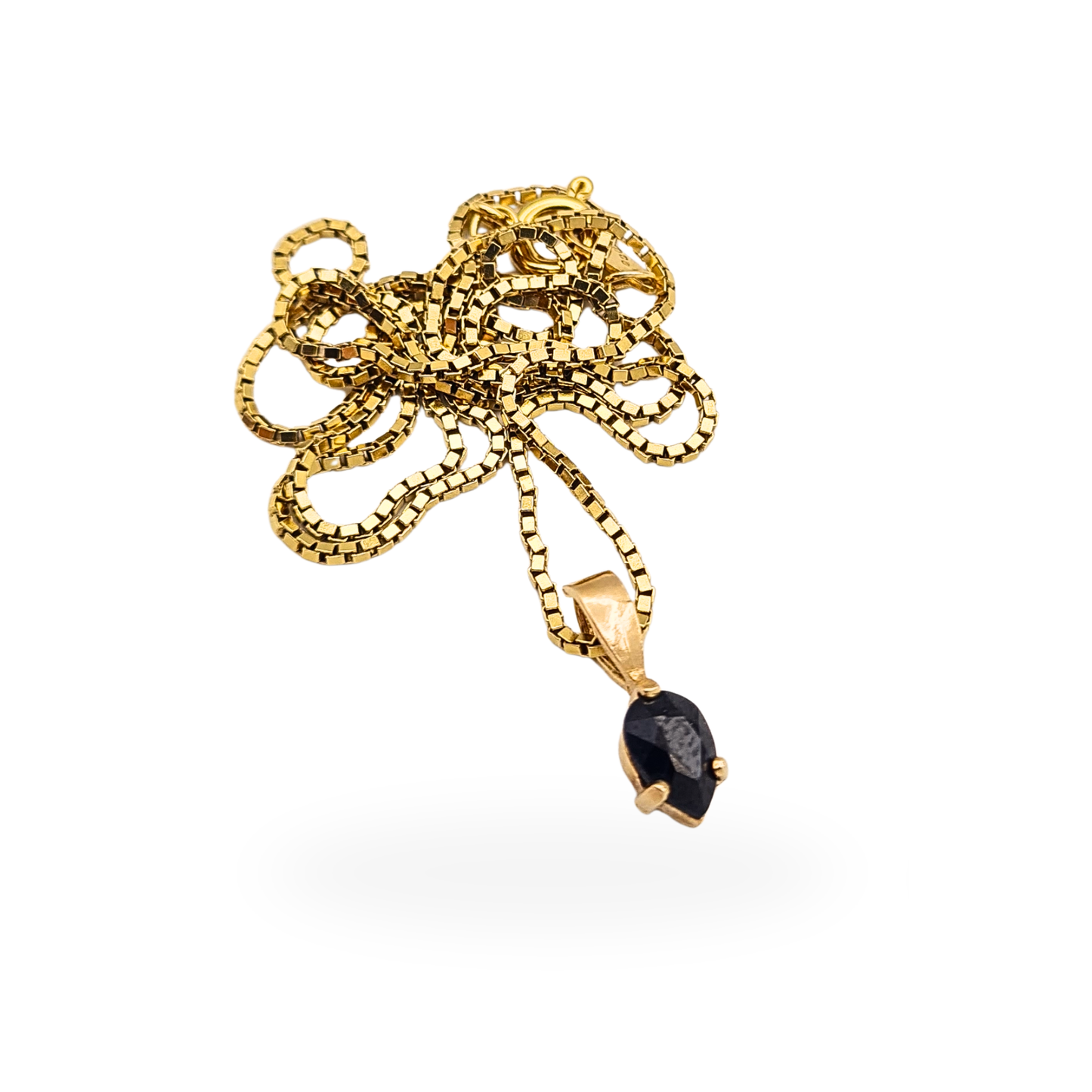 16 inch hallmarked 9ct gold box chain necklace with pear cut deep blue sapphire pendant.
