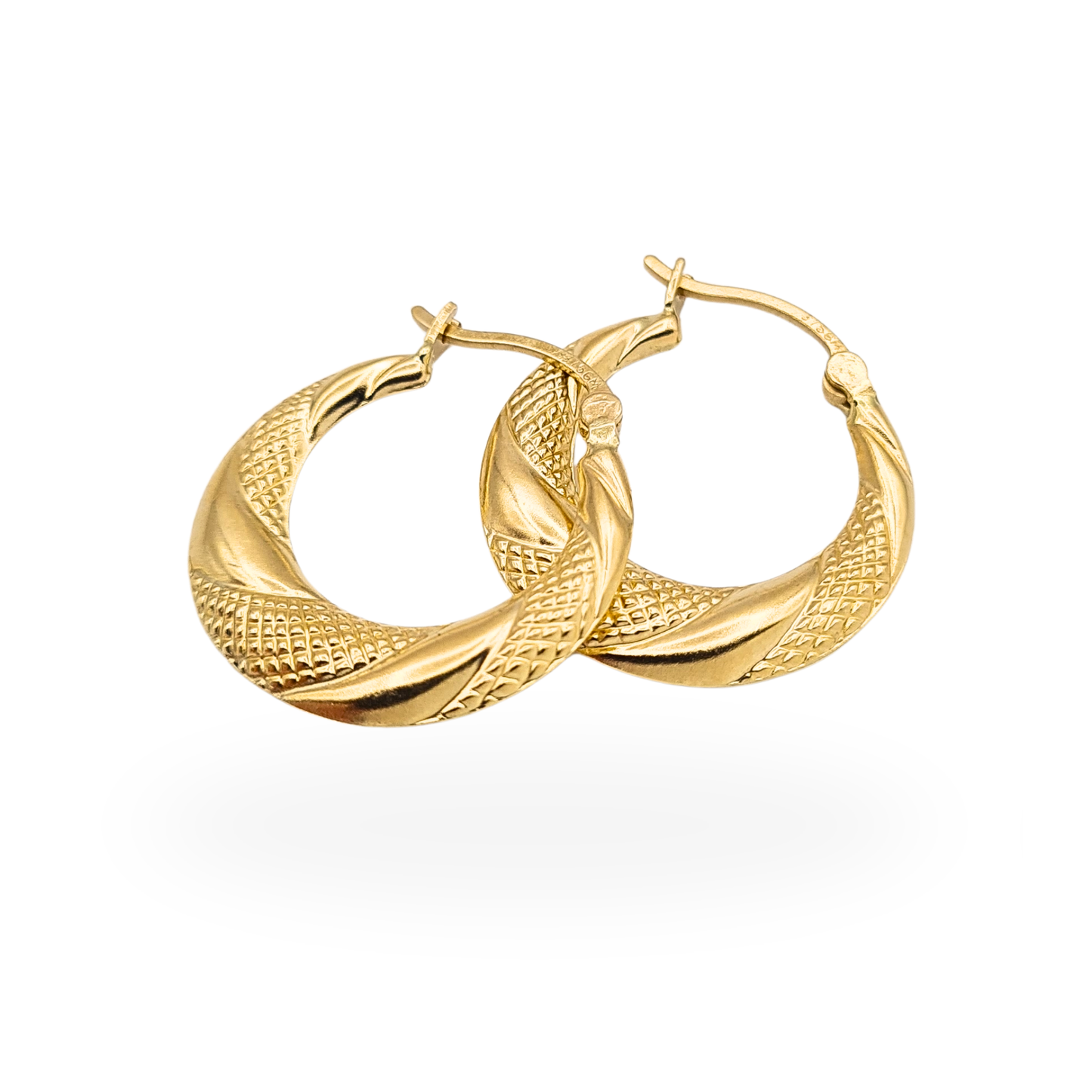 Pair of 9ct yellow gold textured hollow hoop earrings with flip-top fastenings, 21mm diameter.