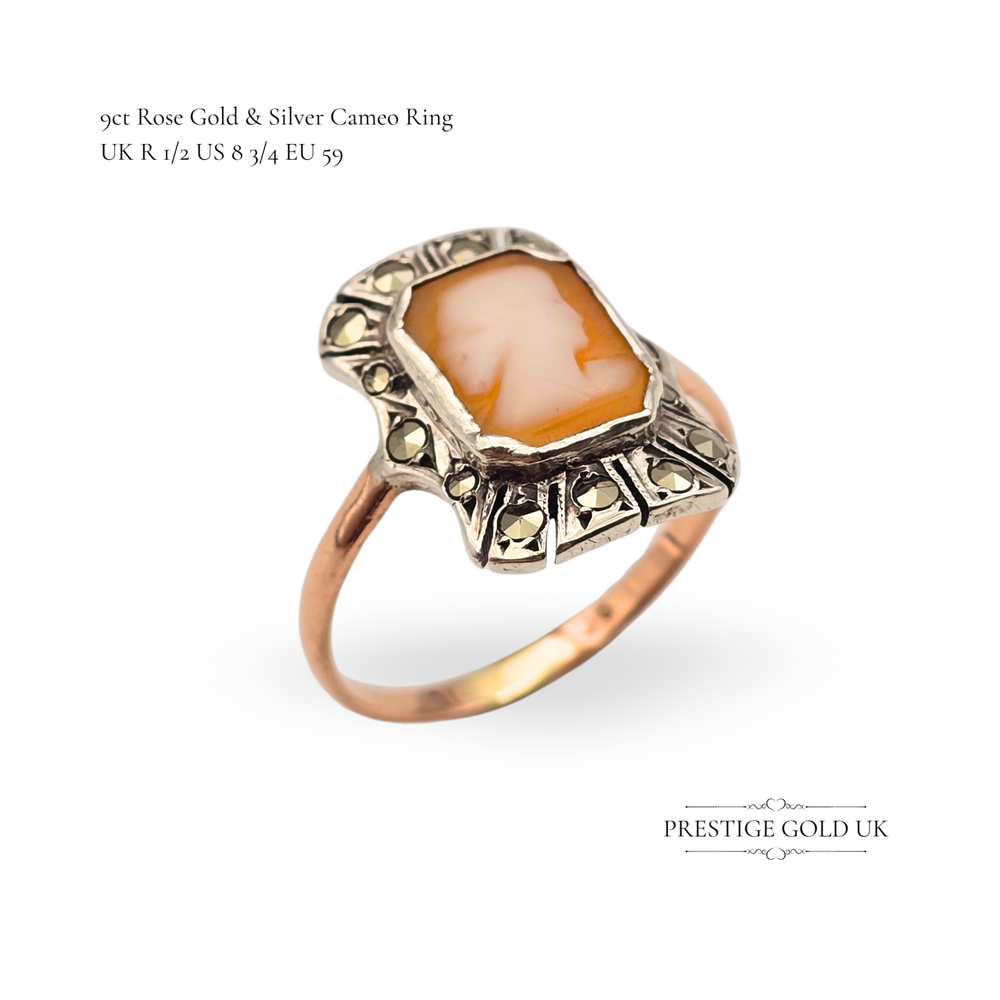 Antique 9ct Rose Gold & Silver Cameo Ring,  Marcasite Stones, UK R 1/2 US 8 3/4