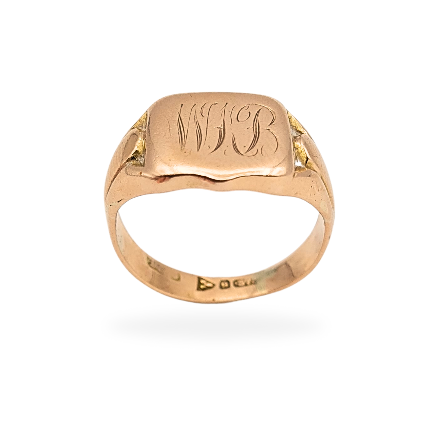 9ct Rose Gold Shield Signet Ring, Engraved WB, UK M US 6