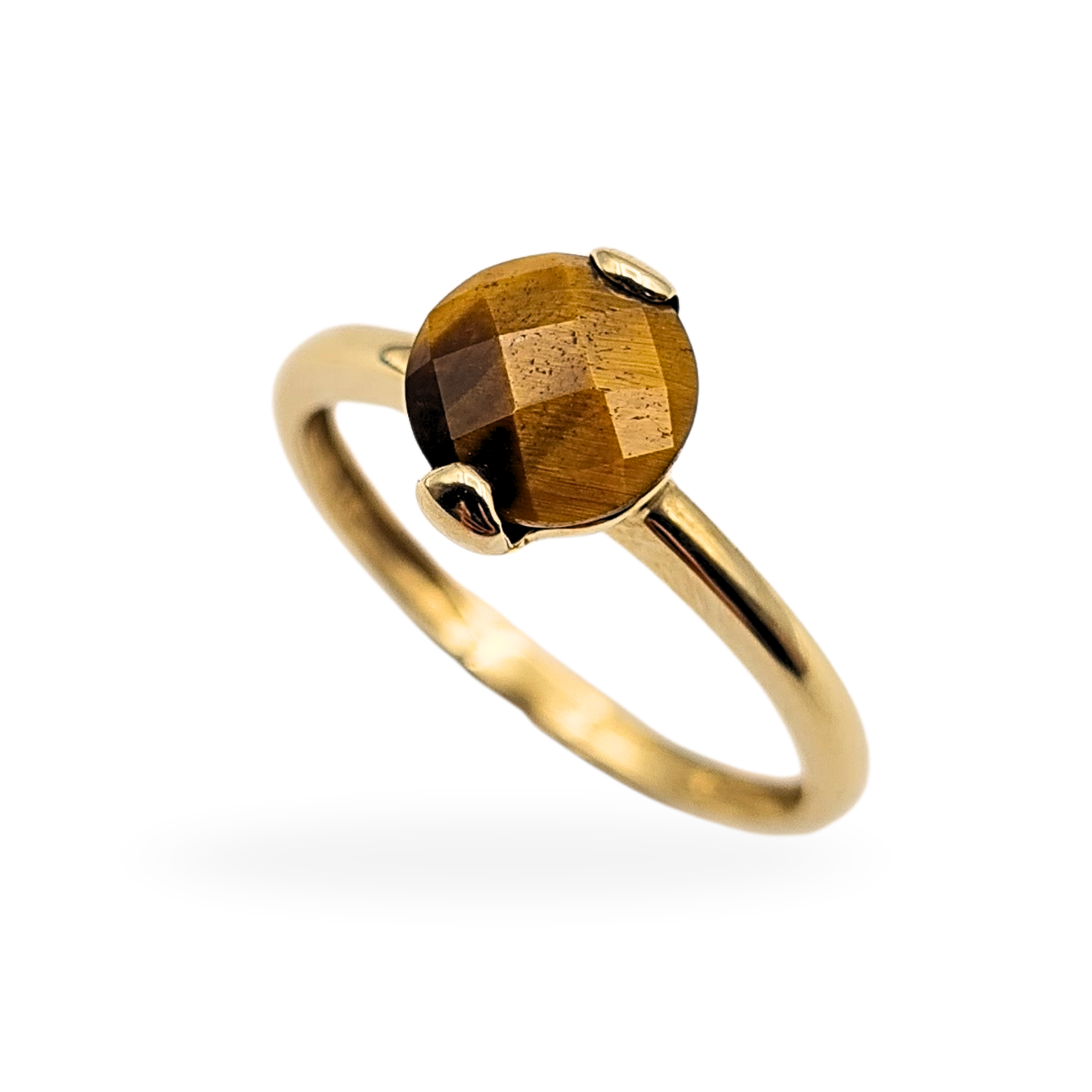 9ct Gold Tiger’s Eye Solitaire Ring, UK N / US 6.75, Faceted Round Gemstone