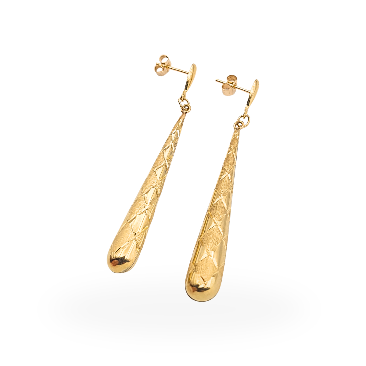 9ct Gold Long Drop Earrings,  Diamond Cut Textured Dangle Earrings
