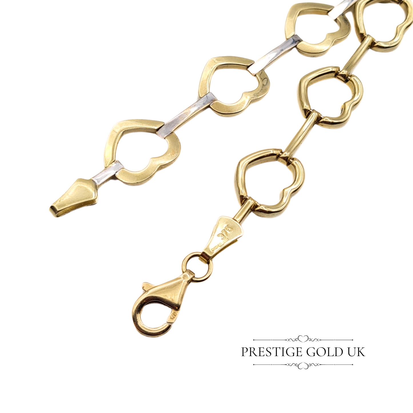 7 1/4" Long Vintage 9ct Gold Heart Bracelet, Reversible White & Yellow Gold Design