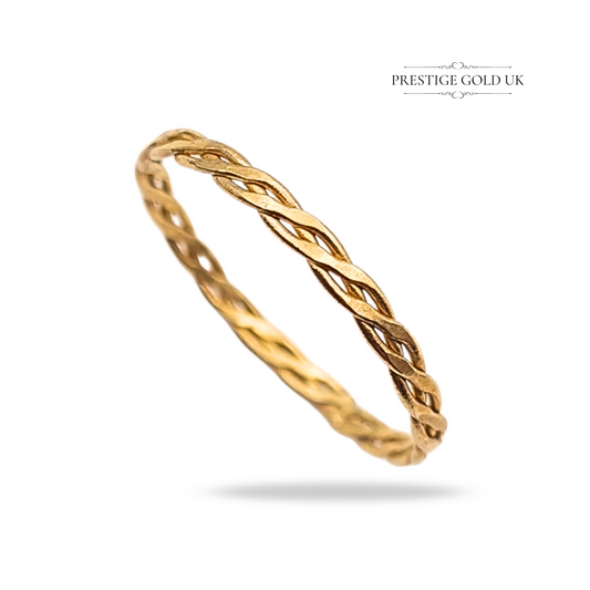 Solid 9ct gold plaited stacking ring, narrow 2mm braided band, size N UK / 6.25 US, lightweight 0.52g, fully tested gold, delicate minimalist jewellery, ideal for stacking or everyday wear.