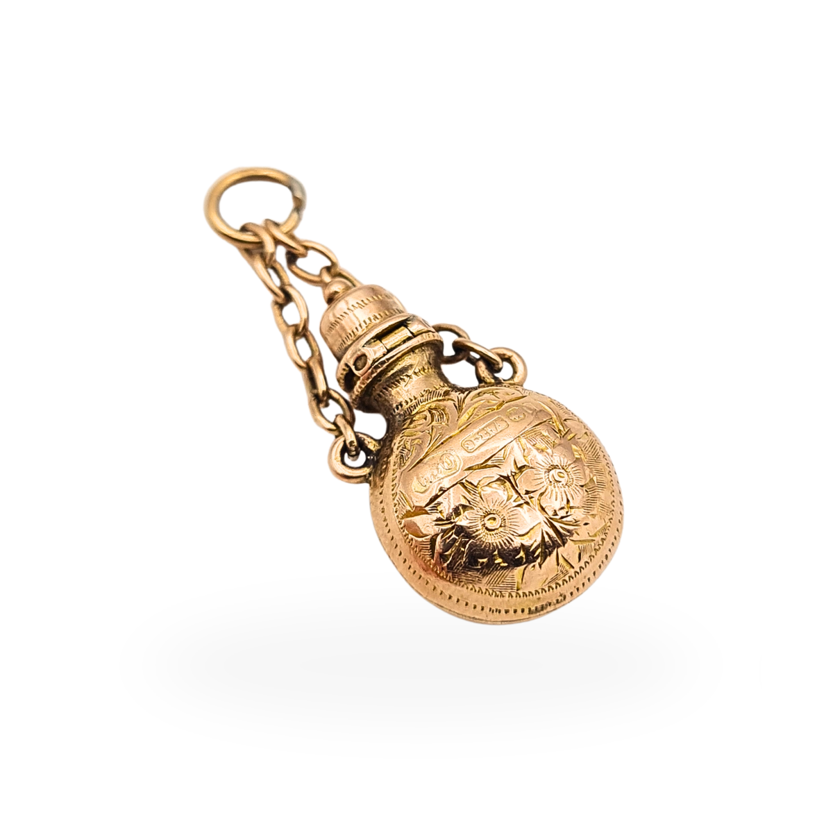 Antique 9ct rose gold miniature perfume scent bottle charm with engraved decoration, opening lid and chain suspension