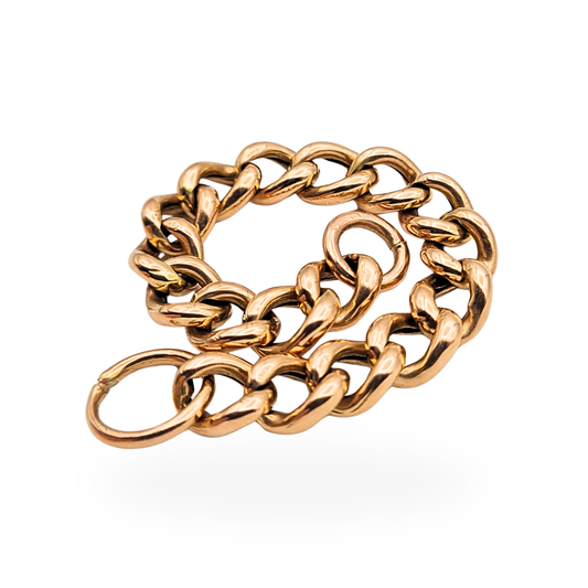Vintage 9ct rose gold Albert chain extender with curb links and open jump rings, measuring 4.5 inches or 11cm long and 6.5mm wide. Hollow link construction weighing 4.48g, stamped 9 and 375, designed to extend antique pocket watch or necklace chains.
