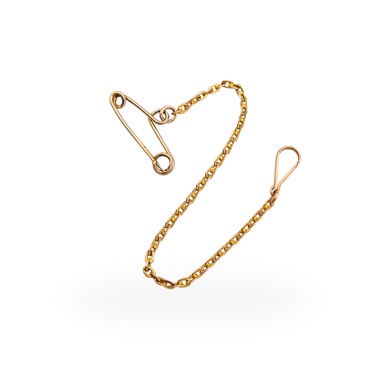 9ct gold 9.5cm long jewellery safety chain with traditional pin fitting, fine link chain and loop end, tested as 9ct gold