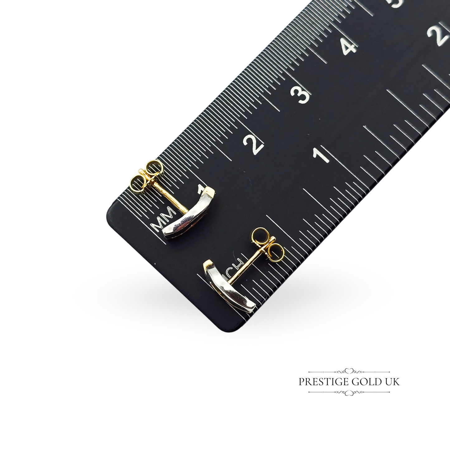 9ct Two-Tone Small Gold Diamond Stud Earrings, Fully Hallmarked, Curved Design