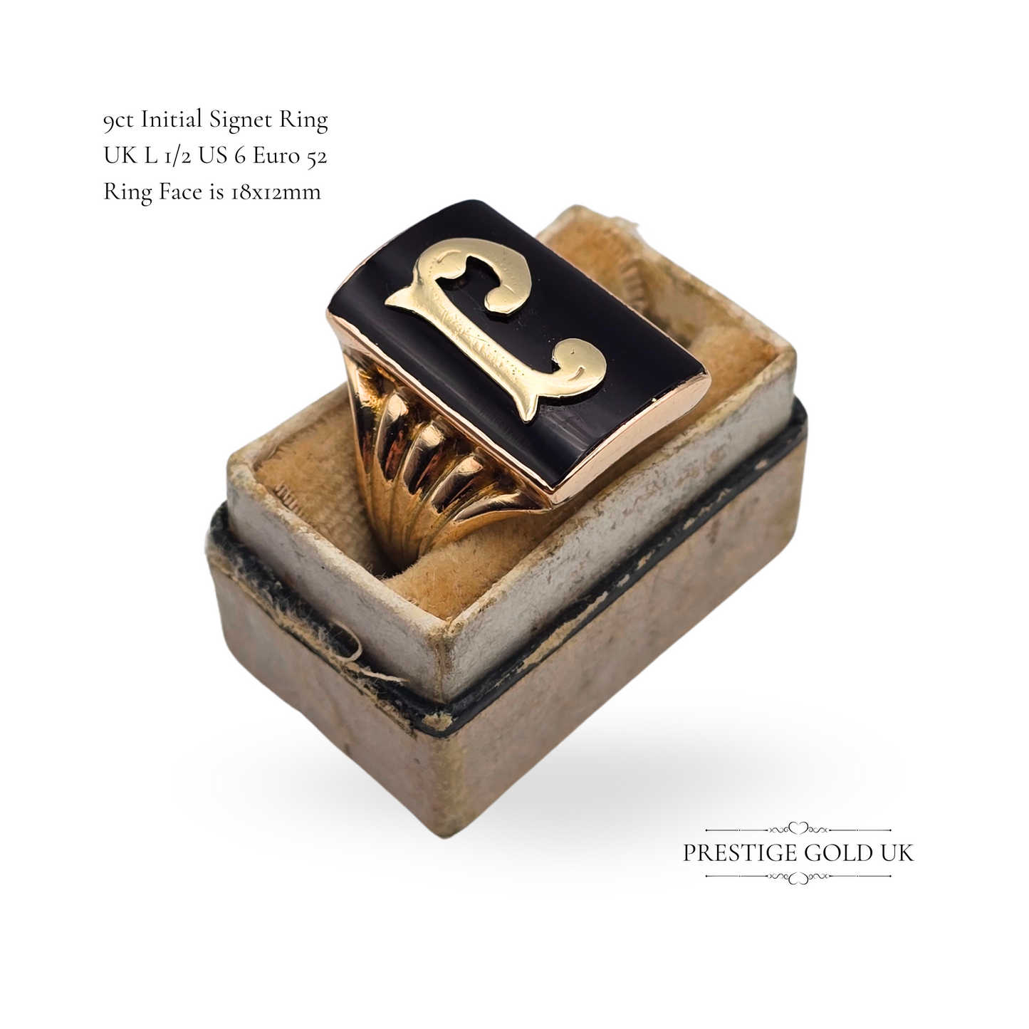 9ct Gold & Black Onyx Signet Ring P Initial, Rectangular Face  UK L 1/2  US 6