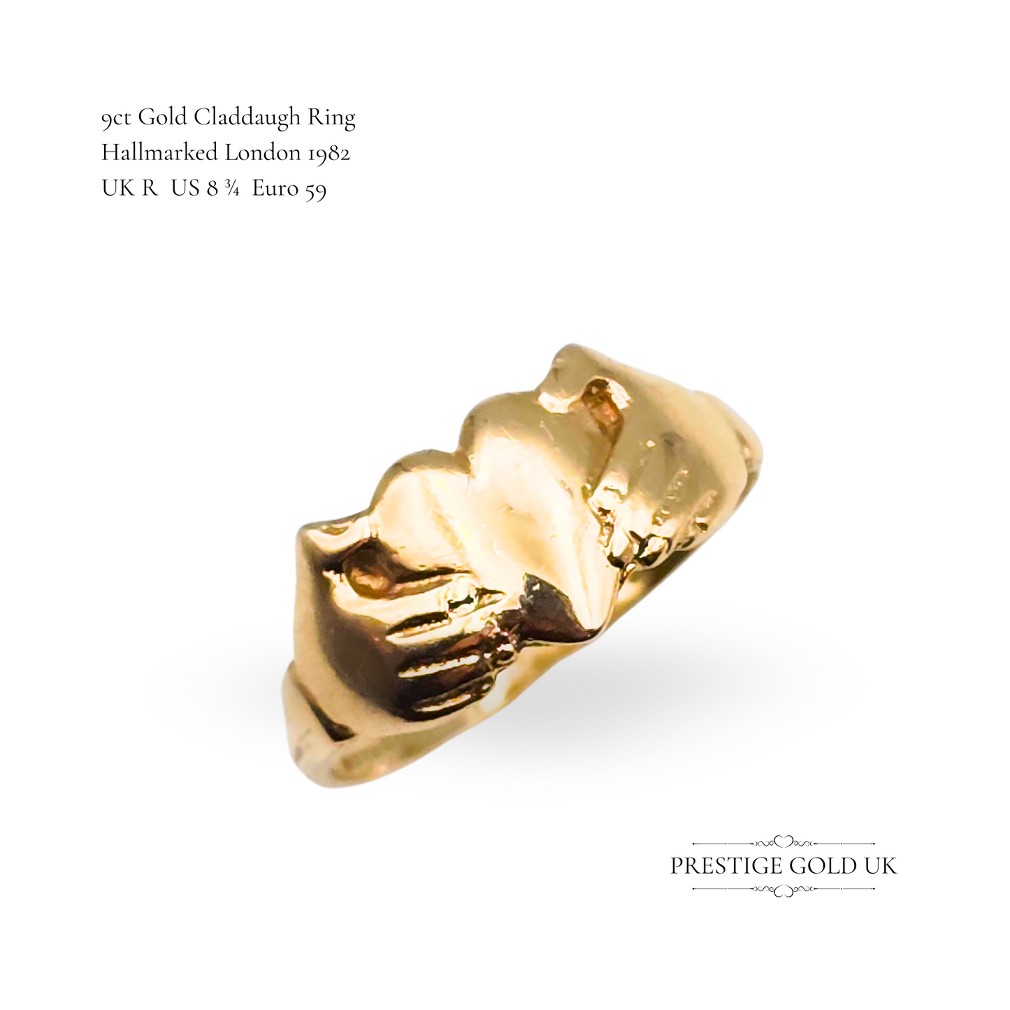 9ct Gold Claddagh Ring Irish Love Token UK R US 8.75 1982 London