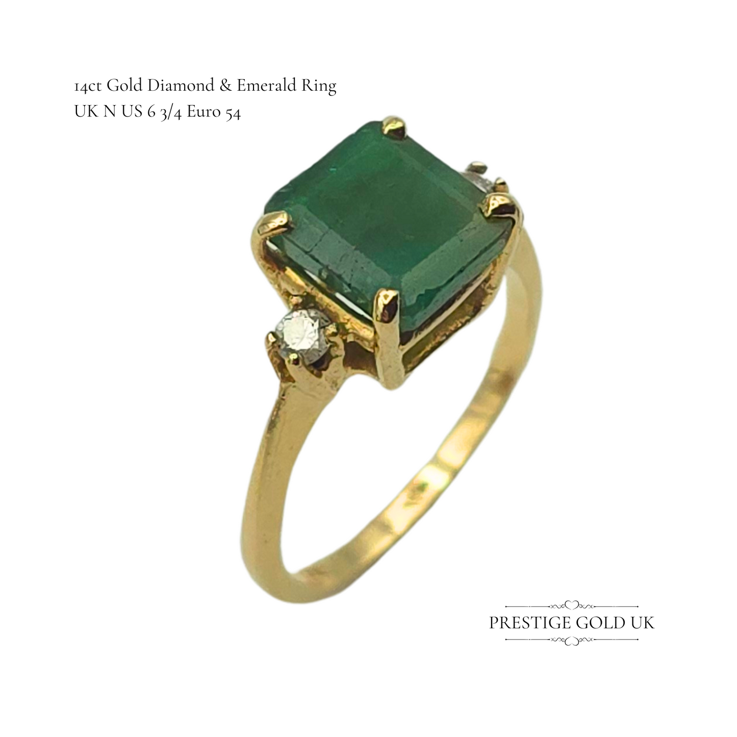 14ct Gold Emerald & Diamond Trilogy Large Emerald Ring  UK N / US 6 3/4 / EU 54