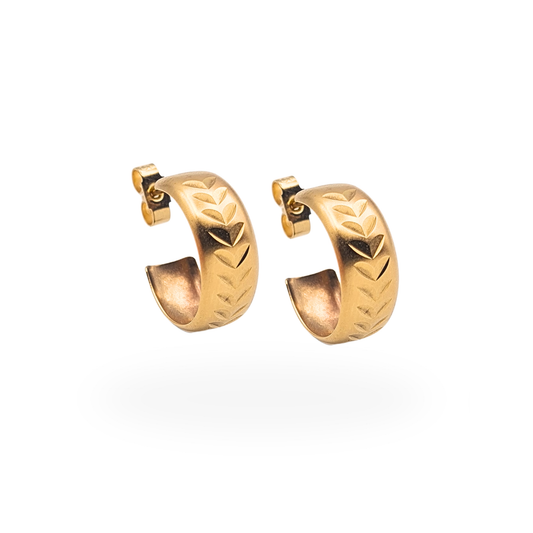 9ct gold half hoop stud earrings with satin finish chevron pattern and Birmingham 1988 hallmark
