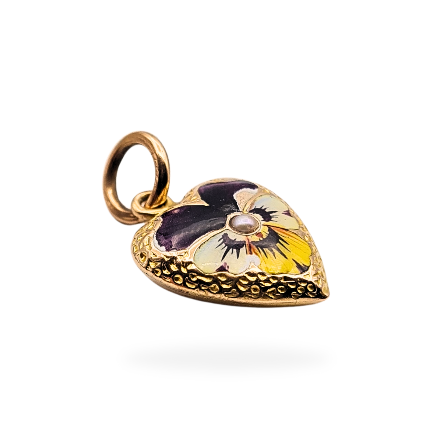 Tiny 9ct Gold Enamel Heart Pendant, Pansy & Pearl Gift