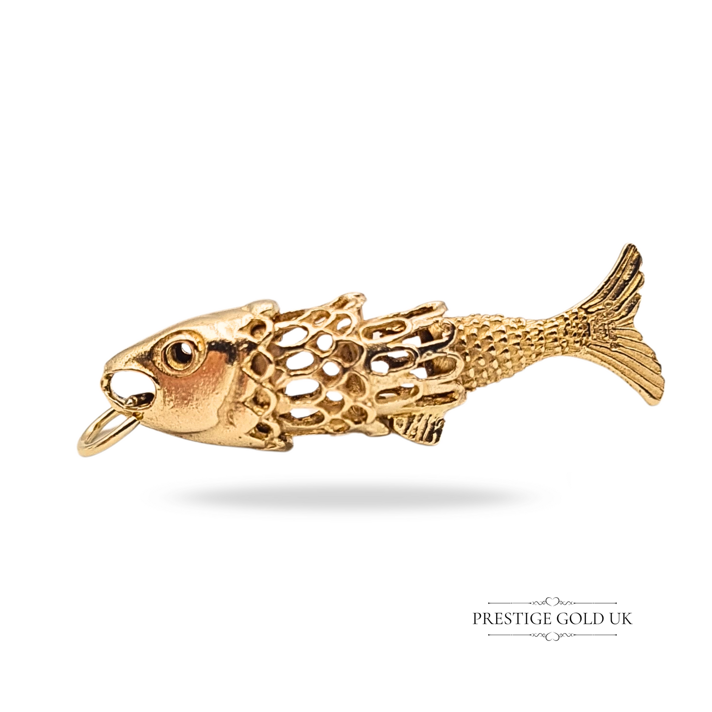 Large 9ct Gold Moving Fish Pendant, Articulating Fish Charm Hallmarked London 70's