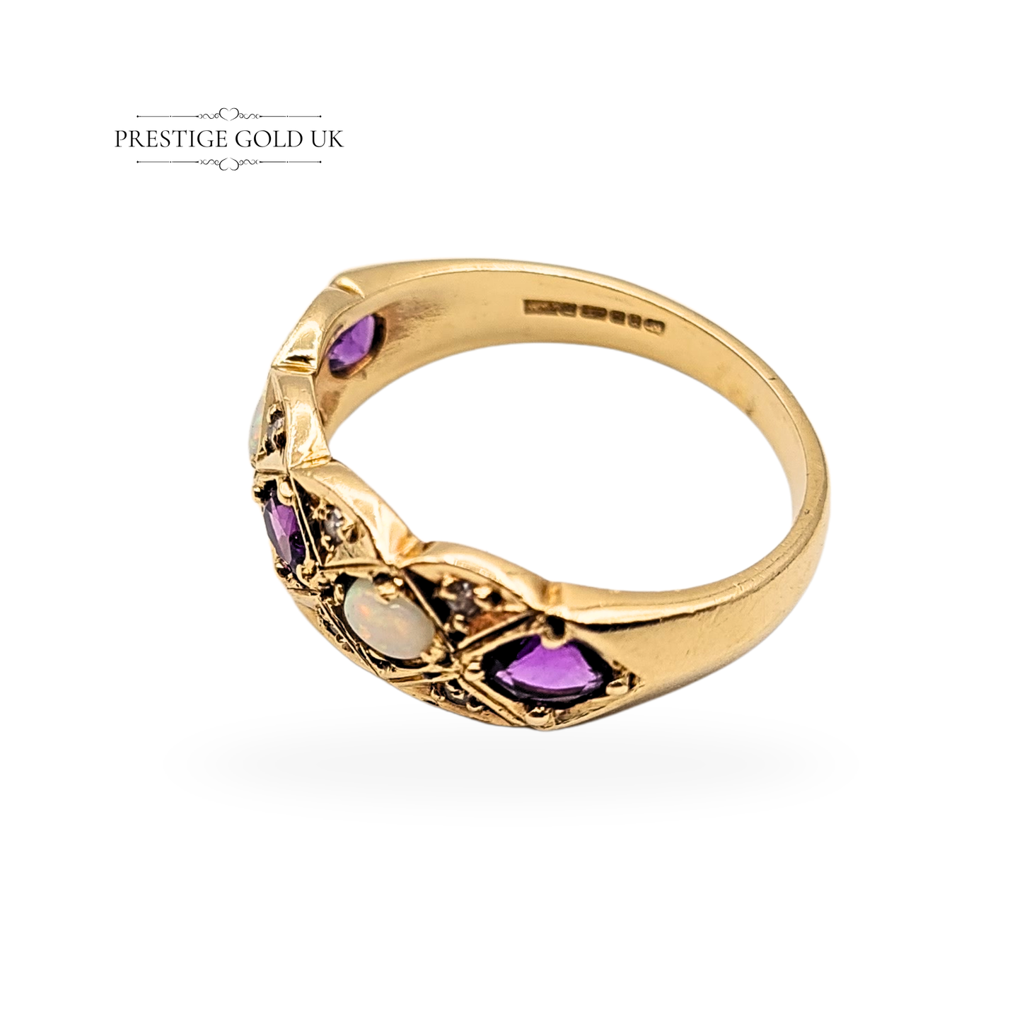 9ct Gold Amethyst Opal Diamond Ring, 1969  UK P / US 7 3/4