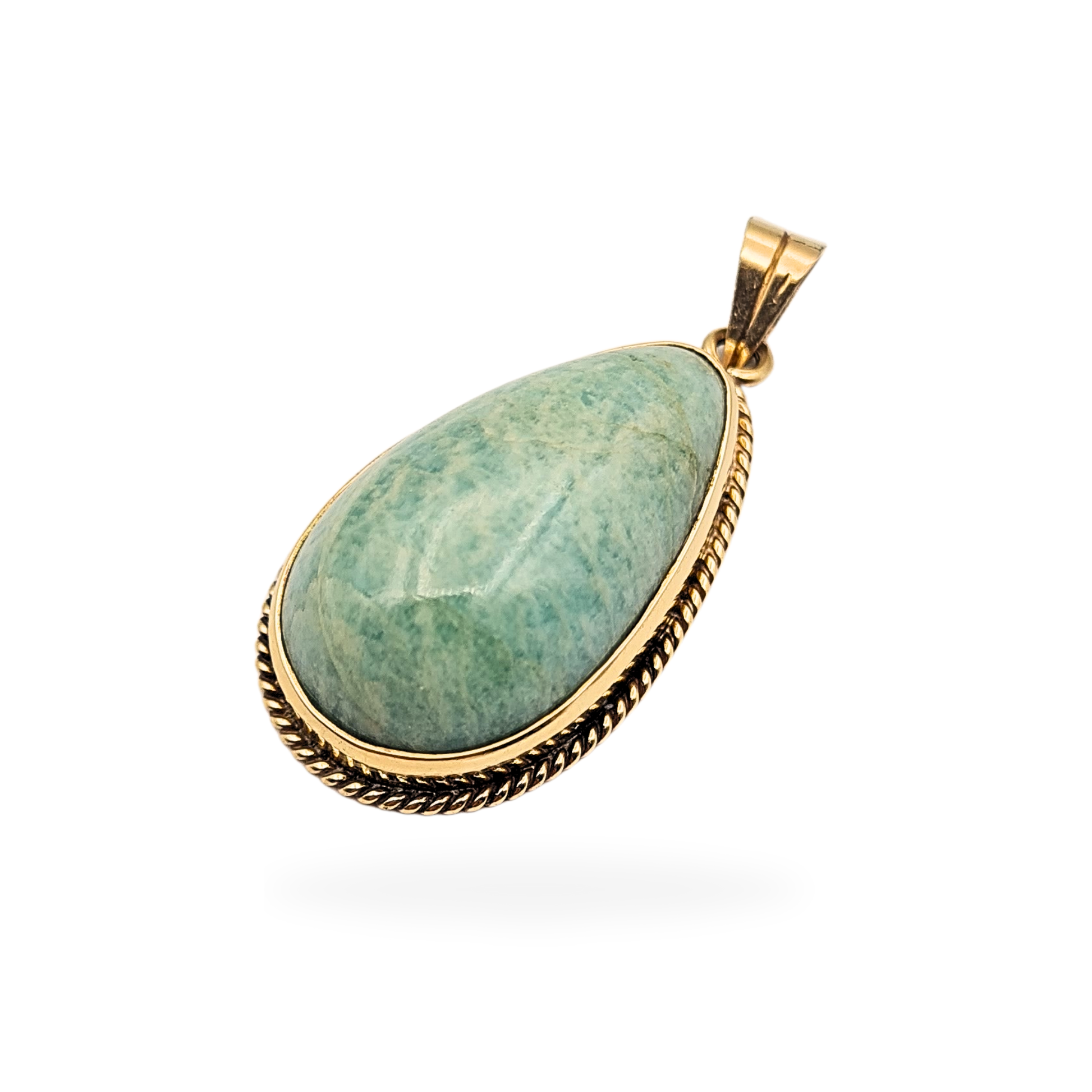 9ct gold teardrop pendant set with a large green cabochon gemstone in a rope-edge gold frame. Measuring 33mm by 18mm with a 10mm depth, stamped and tested 9ct gold. Vintage yellow gold gemstone pendant with smooth polished finish.