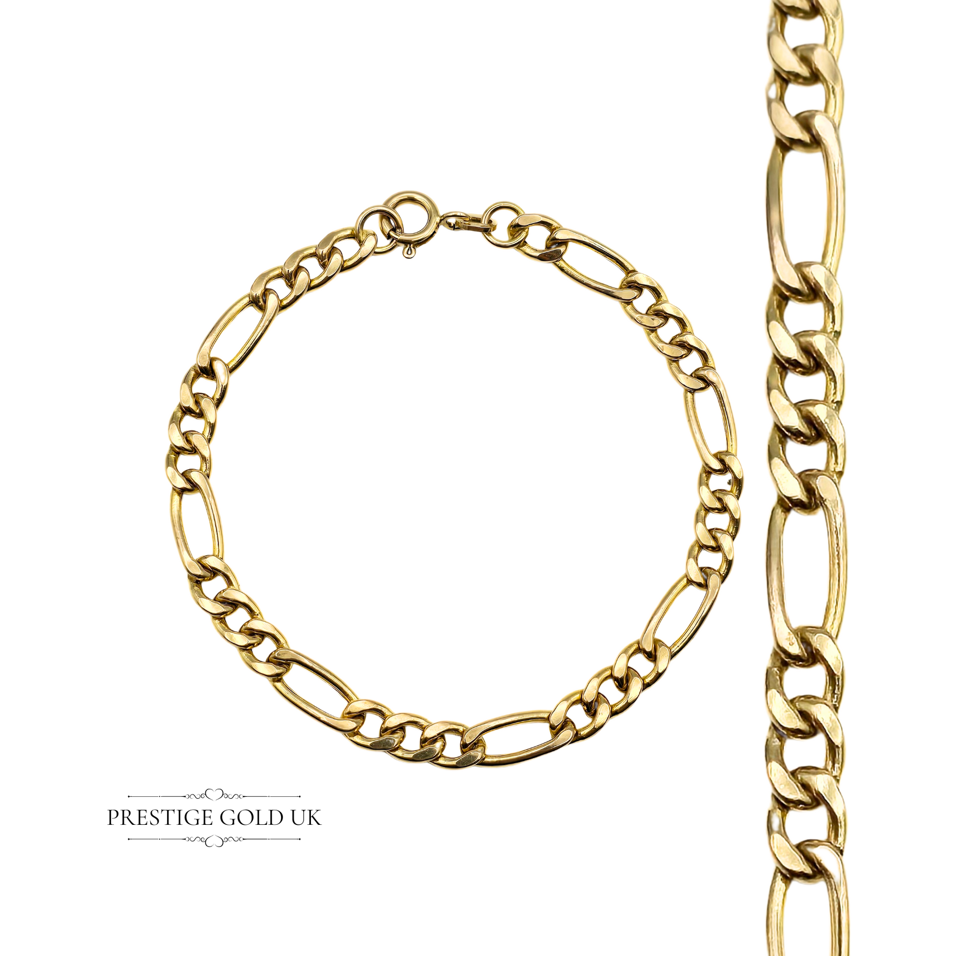 A vintage 9ct gold Figaro bracelet with a Birmingham import hallmark, laid flat to display its full length.