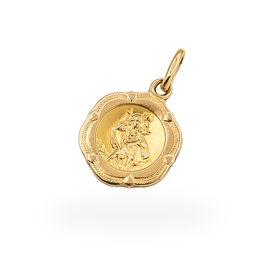 Tiny 9ct gold hollow St Christopher pendant stamped 375, measuring 17mm high by 13mm wide.