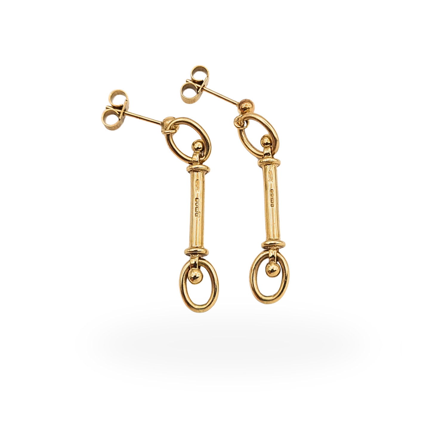 Hallmarked 9ct solid gold horse bit drop earrings with butterfly backs, 37mm long equestrian design.