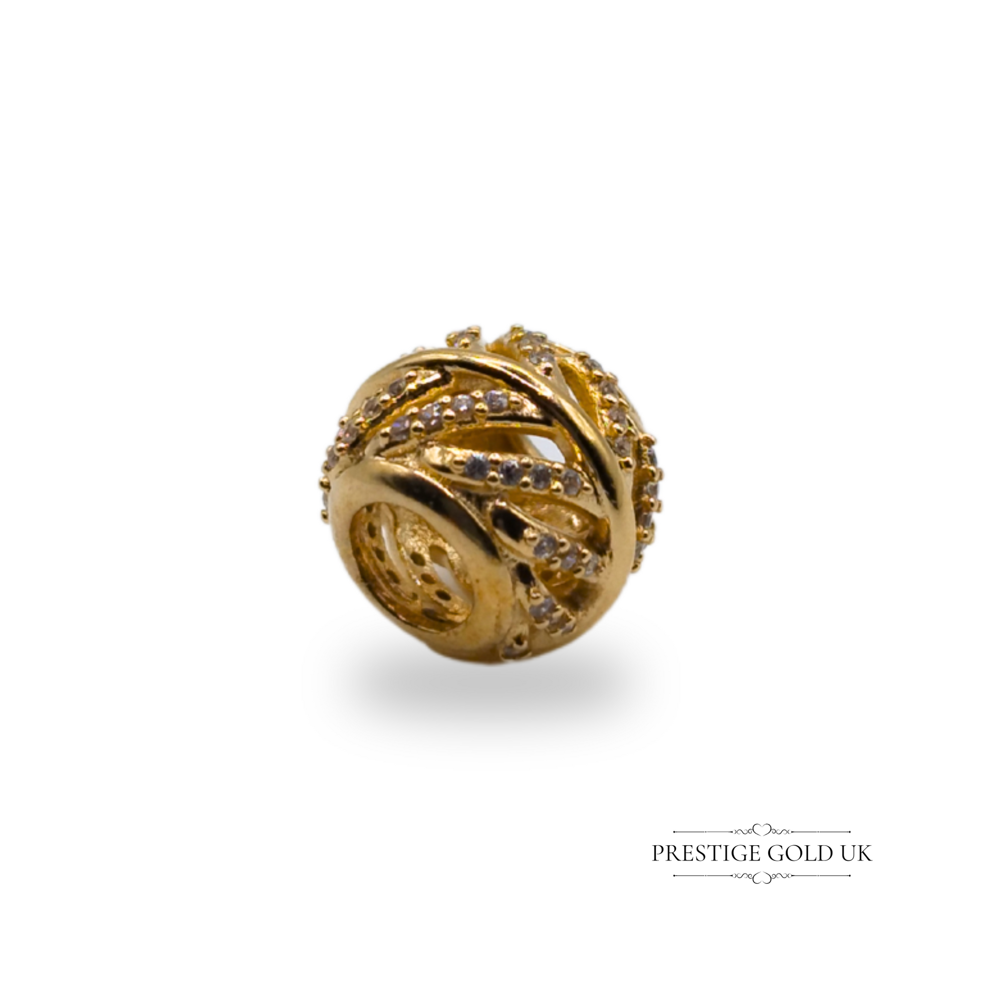 "14ct gold Pandora 'Light as a Feather' charm bead with cubic zirconia detailing, measuring 10 x 8mm, marked G585 ALE, shown with scale and hand for size reference."