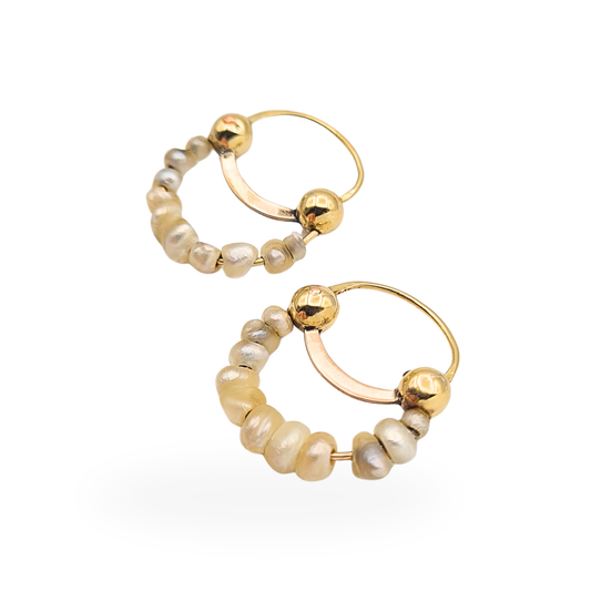 14ct gold handmade hoop earrings with freshwater pearls in mixed yellow and rose