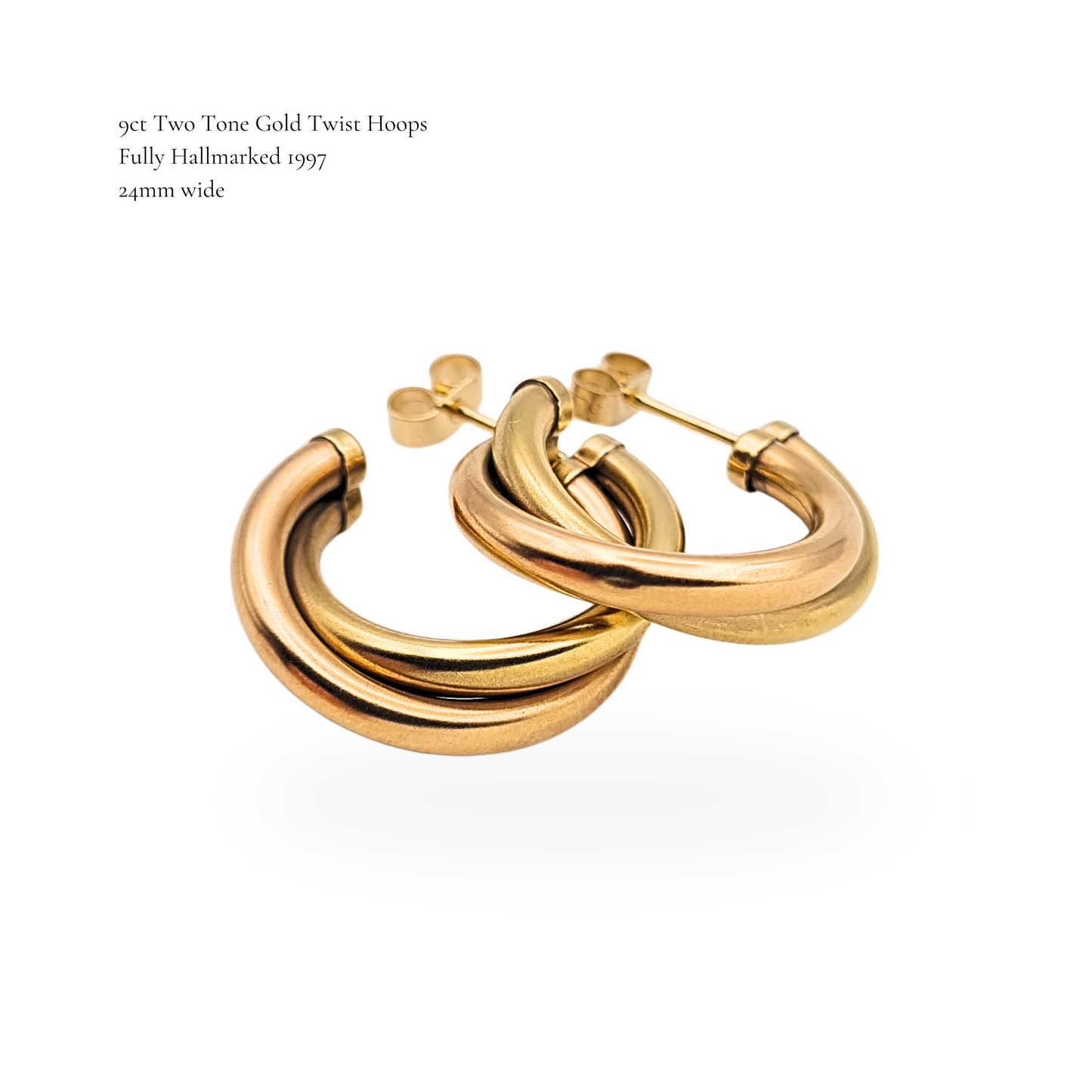 9ct Gold Two Tone Twist Hoop Earrings 24mm 1997 Rose Yellow Gold