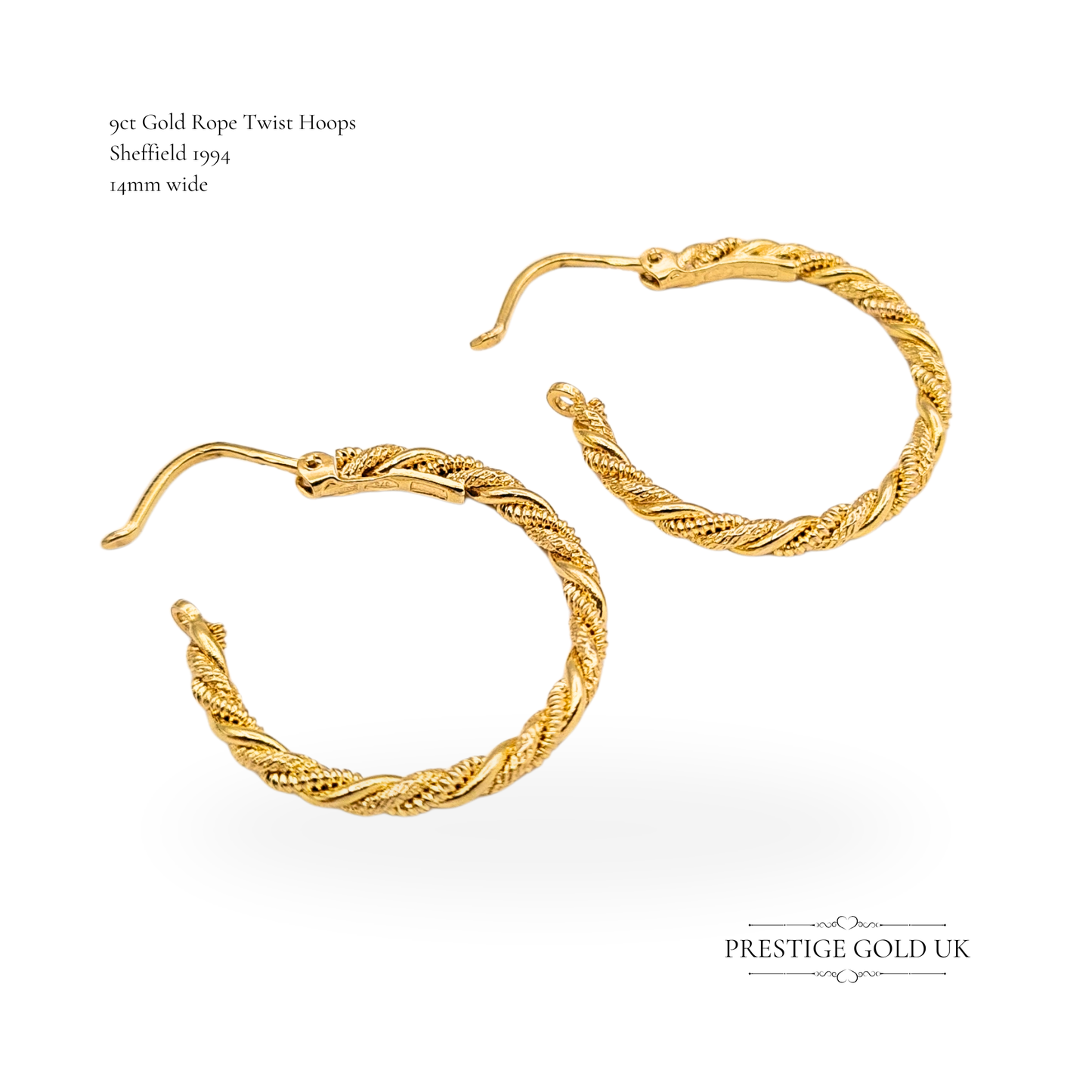 Quality 9ct Gold Rope Twist Hoop Earrings, Vintage 14mm Hoops With Twist Design