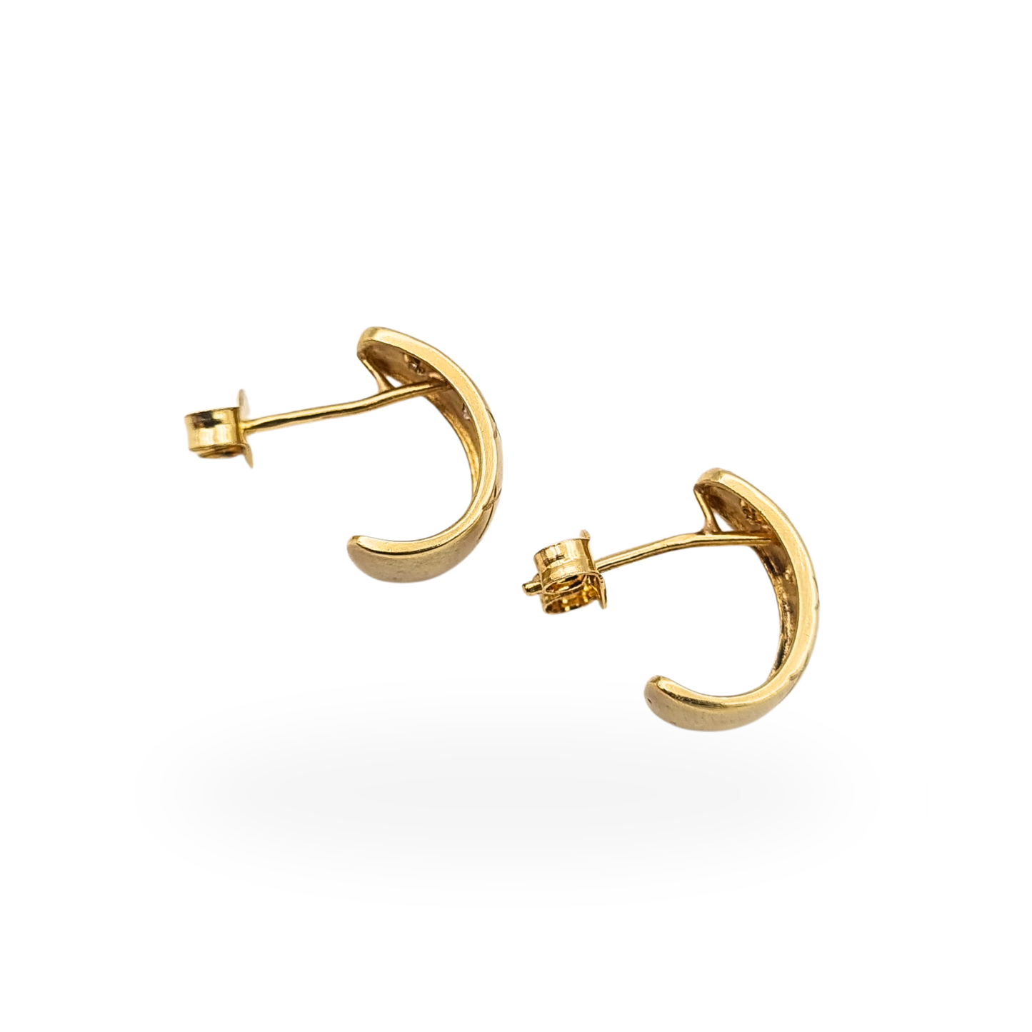 14ct Gold Diamond Set Half Hoop Earrings Satin Finish Cross Hatch Engraved