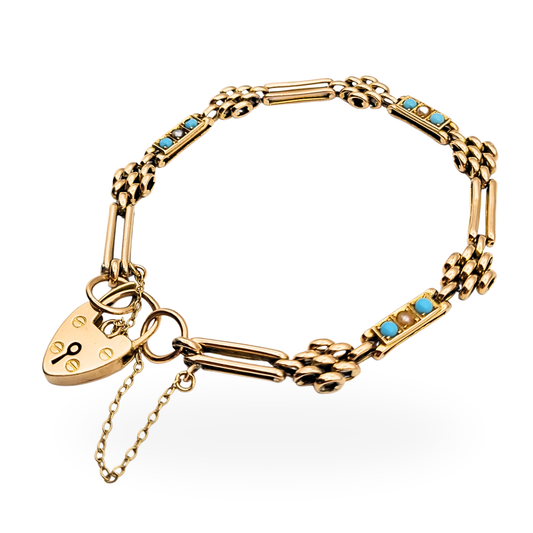 Antique 9ct rose gold turquoise and seed pearl gate bracelet, Birmingham 1904 hallmark, featuring a heart padlock clasp and safety chain, 7½ inches long and 12mm wide, beautifully detailed Edwardian design.