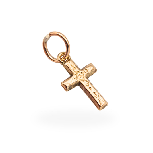 Tiny 9ct gold engraved cross charm pendant with hollow lightweight construction