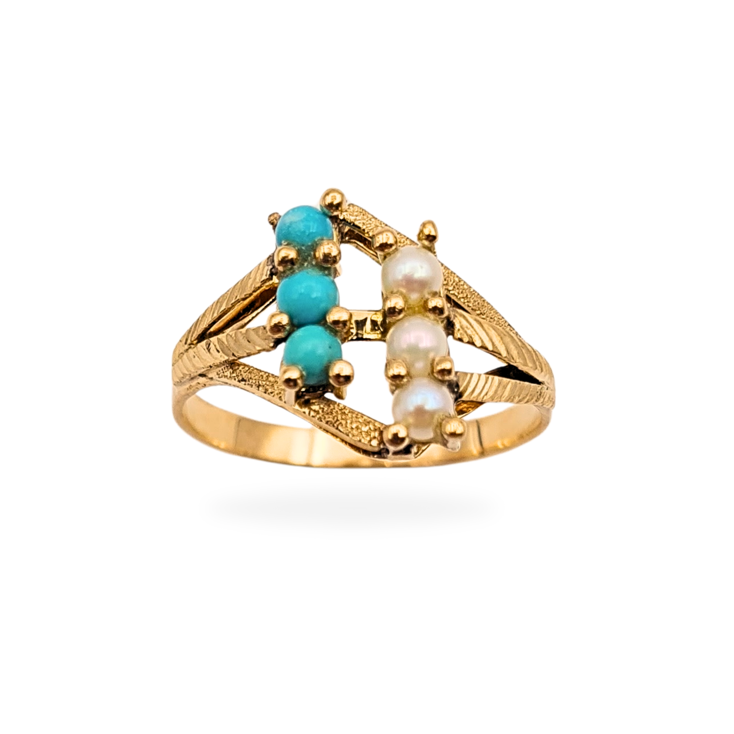 18ct Gold Turquoise 3 Row Ring, Pearl Design, UK M US 6 1/4