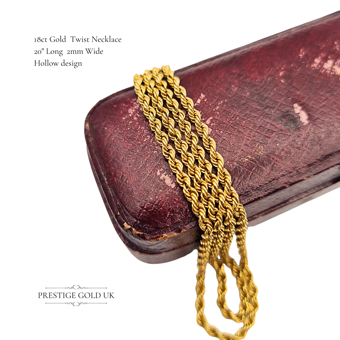 Lightweight 18ct Gold Rope Chain Twist Necklace, 20" Long Hollow Design