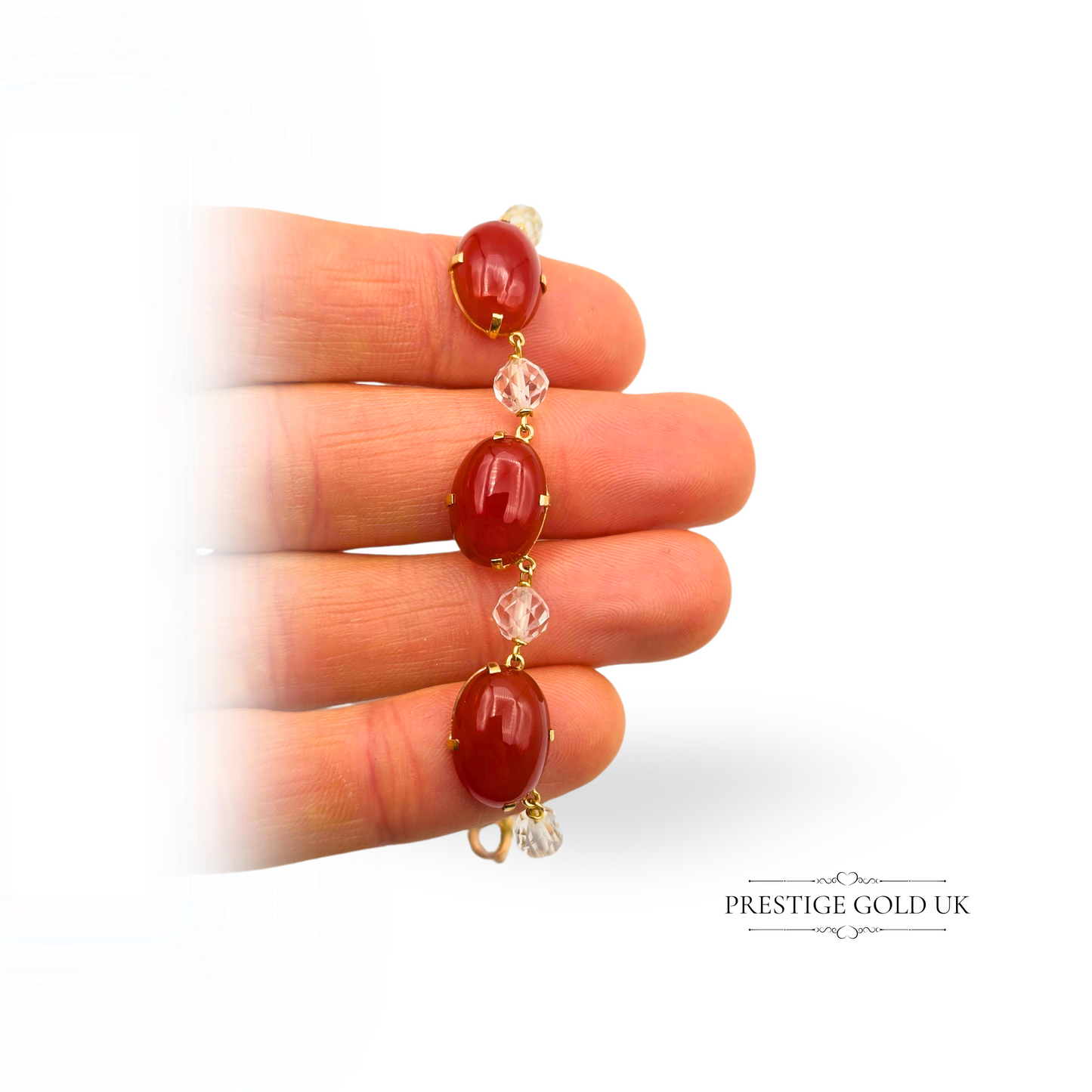 14.5" Gold Carnelian Necklace, 3 Oval Stones & Crystal Beads, 9ct Gold