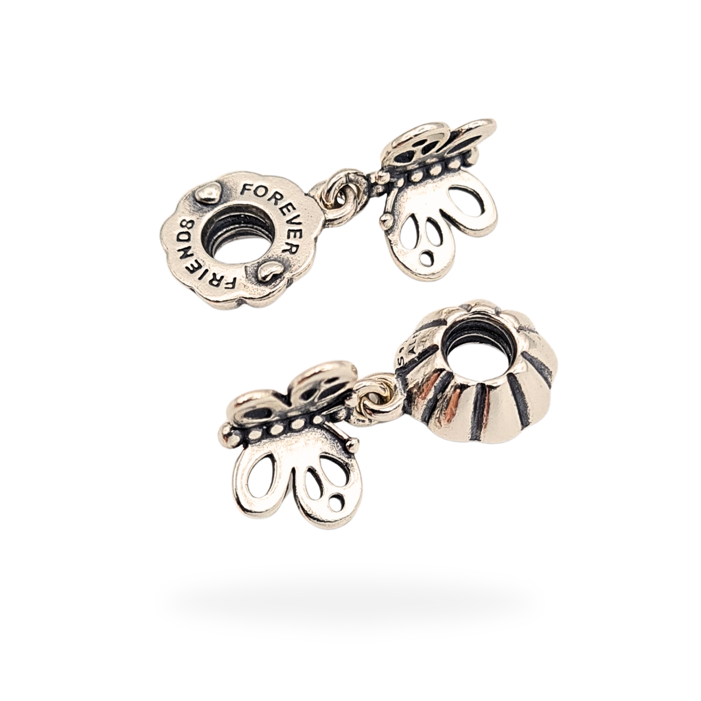 Pandora Best Friends Forever two-part butterfly dangle charm set, model 790531, crafted in sterling silver with S925 ALE hallmark. Each charm measures 11mm x 12mm, designed to share between two bracelets, excellent condition.
