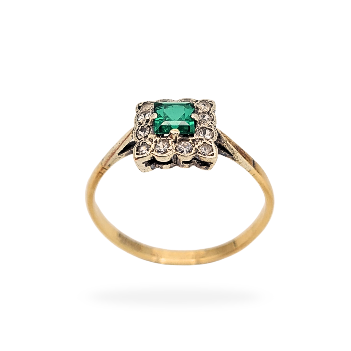9ct Gold Square Paste Ring, Green And Clear Paste Stones UK R 1/2 US 9
