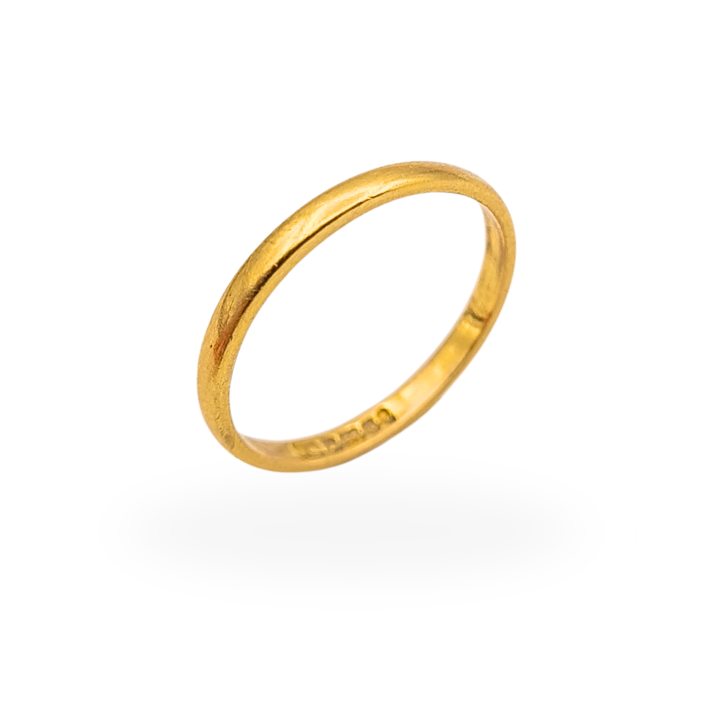 22ct gold narrow wedding band stacking ring with Birmingham hallmark, 2mm wide, UK Size K.