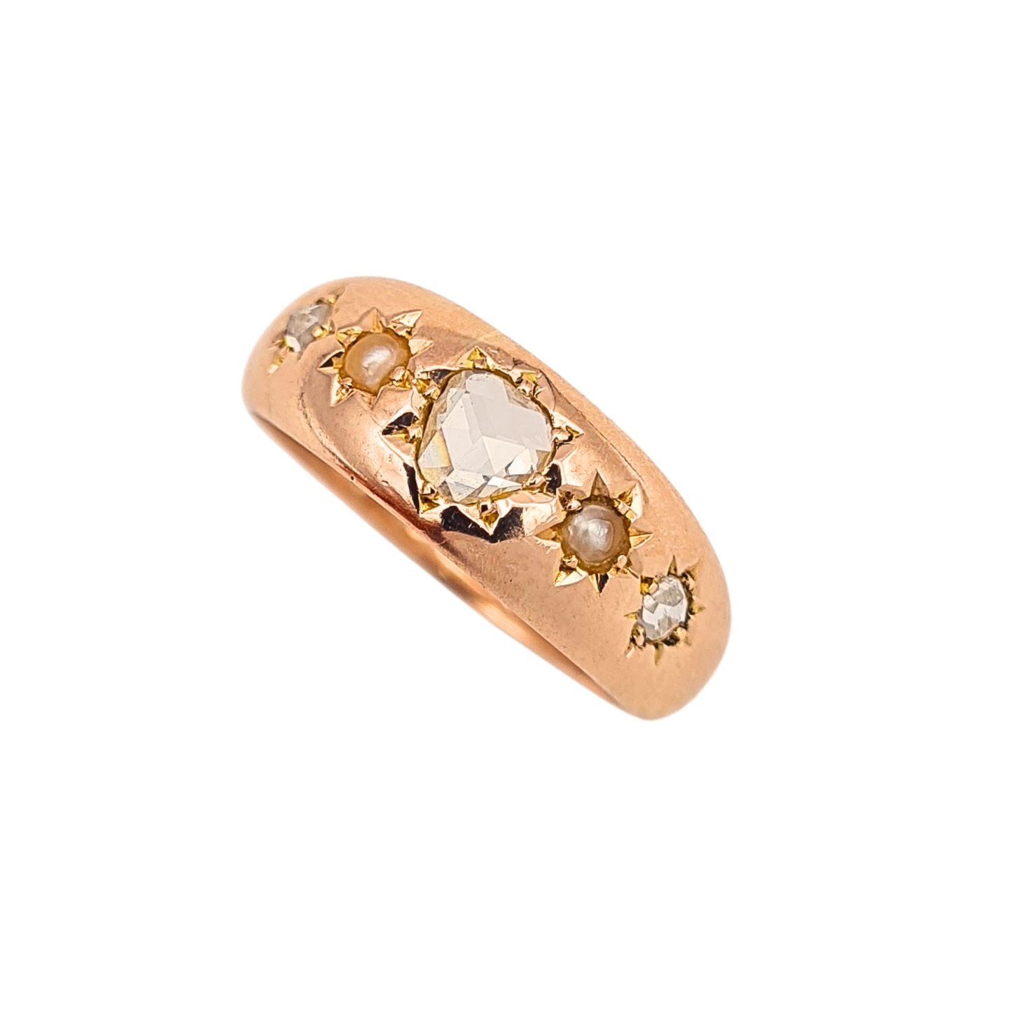 Antique 15ct Rose Gold Ring Heart Cut Diamond Pearl Birmingham 1891 UK J½