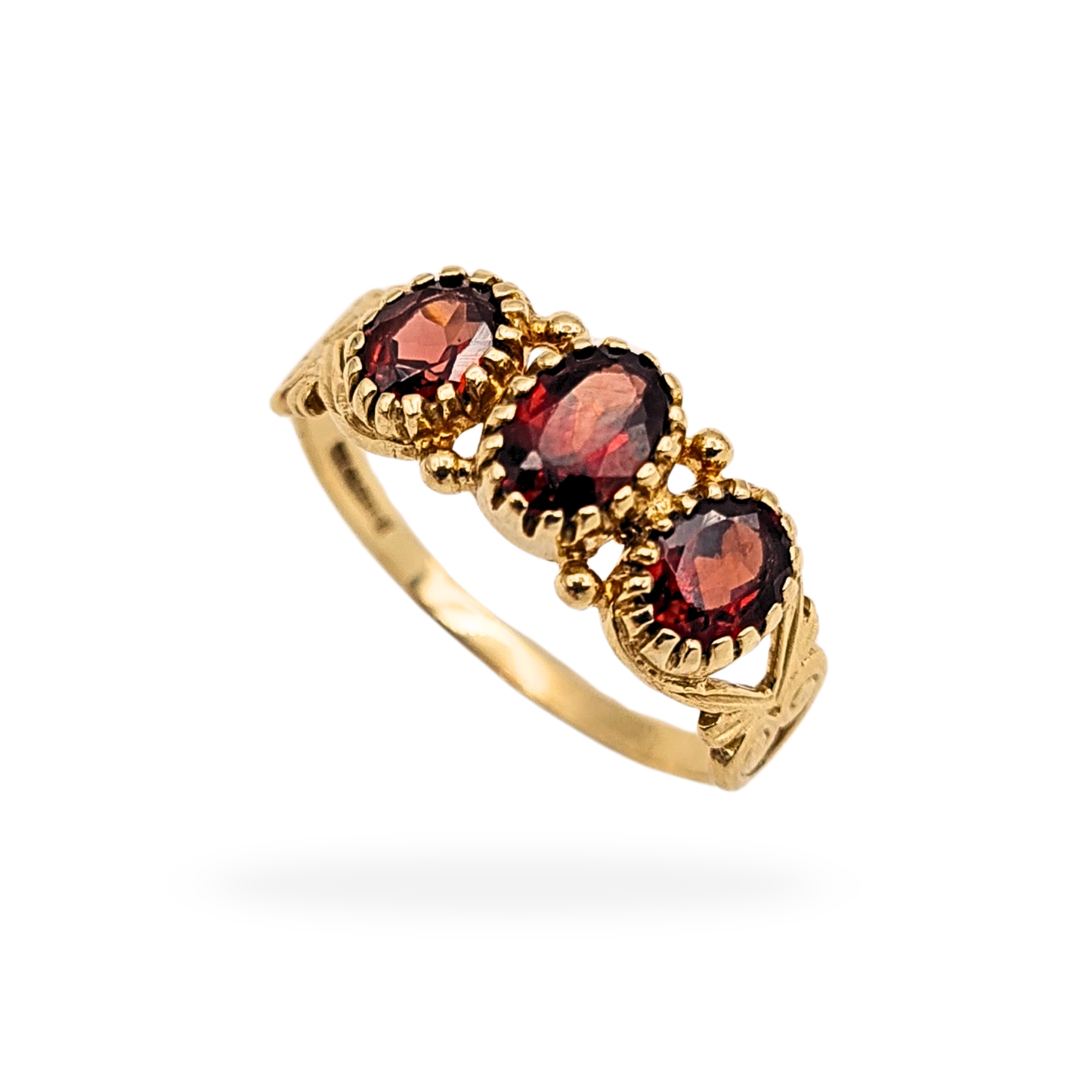9ct Gold Trilogy Garnet Ring, UK O US 7 1/2, British Hallmark