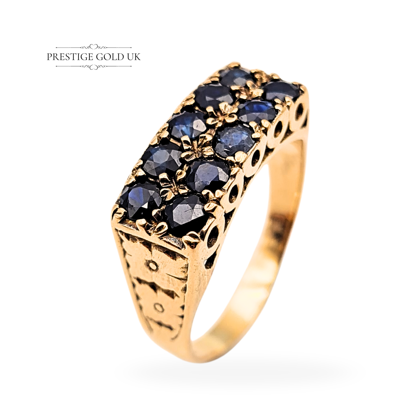 9ct Gold Twin Row Sapphire Ring, Floral-claw Setting Band UK T, US 9 3/4