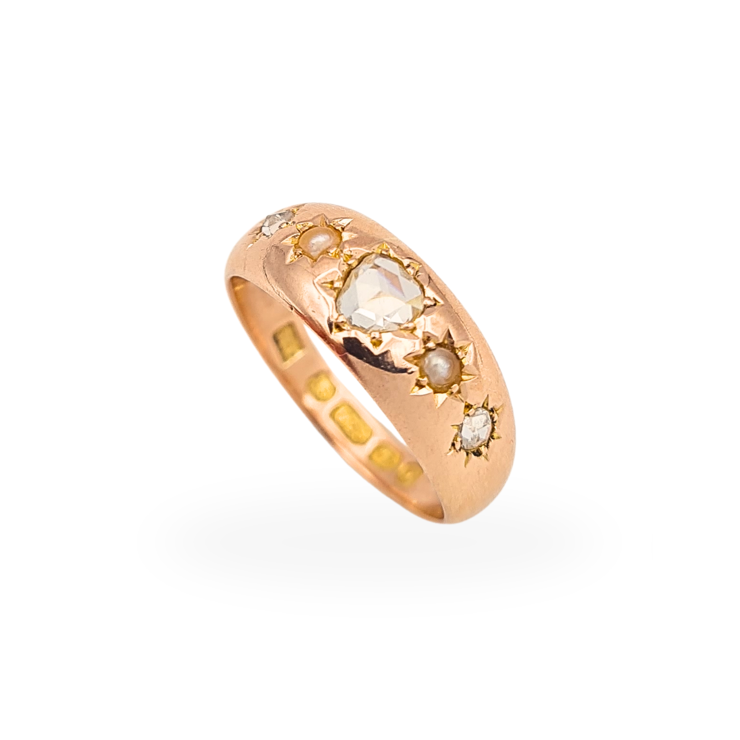 Antique 15ct Rose Gold Ring Heart Cut Diamond Pearl Birmingham 1891 UK J½