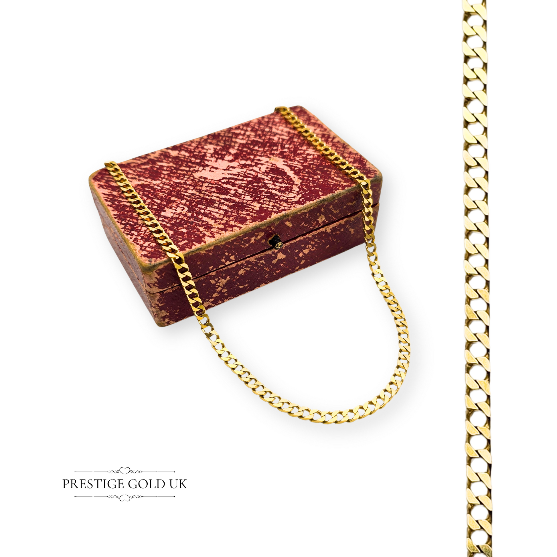 Solid 9ct yellow gold flat curb chain necklace with British hallmark, measuring 18 inches long and 3mm wide, ideal for men or women as a classic gold piece.